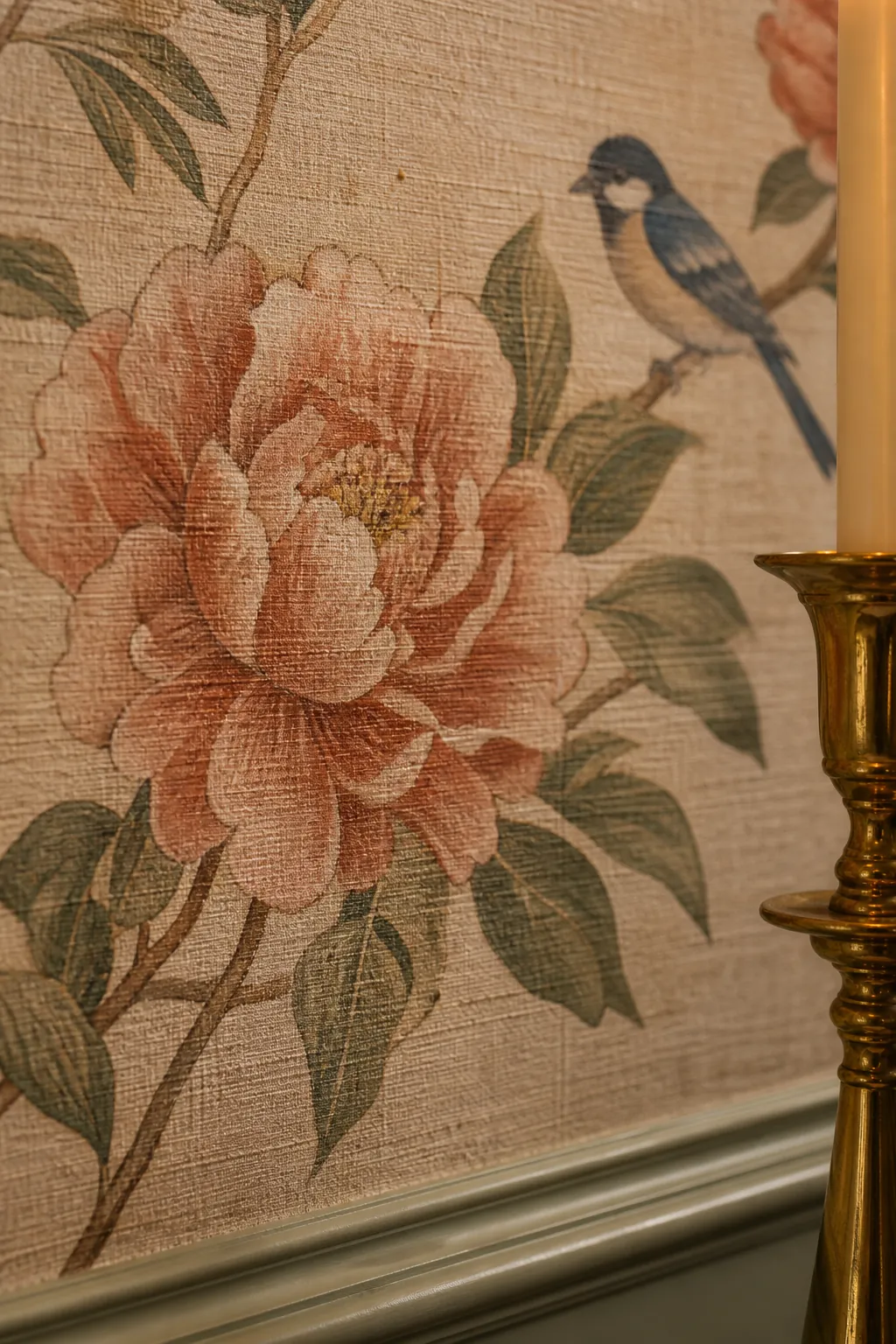 Close-up of Chinoiserie garden wallpaper mural with grasscloth texture, peony, and bird detail