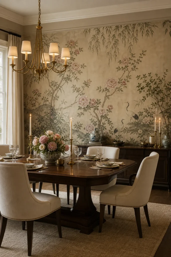 Elegant dining room with a Chinoiserie garden wallpaper mural, birds, blossoms, and a grounded wood table