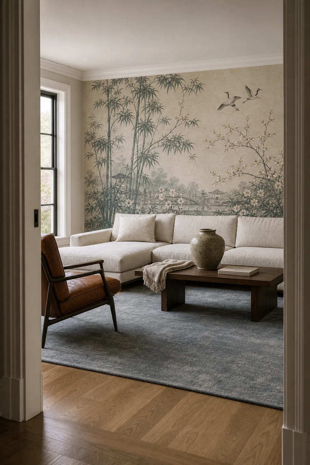 Edited modern room with chinoiserie mural wallpaper, simple furniture, and clear negative space