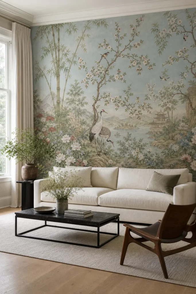 Modern living room with chinoiserie mural wallpaper and clean-lined furniture