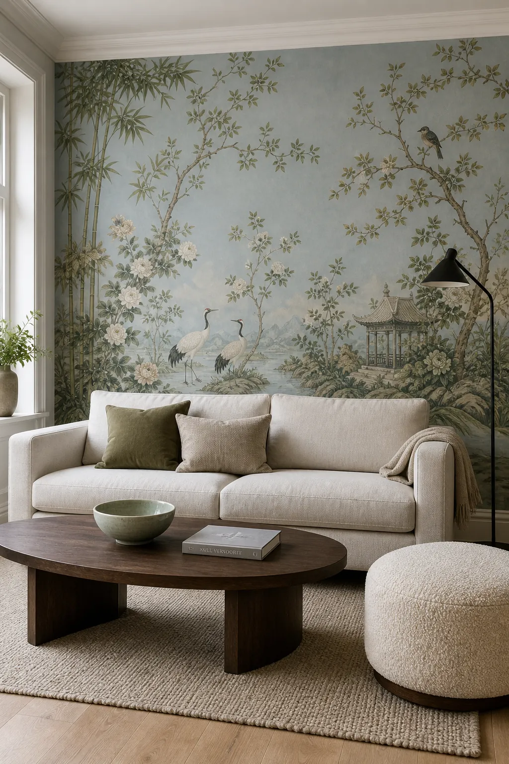 Chinoiserie mural wallpaper paired with modern neutral furniture and a restrained color palette