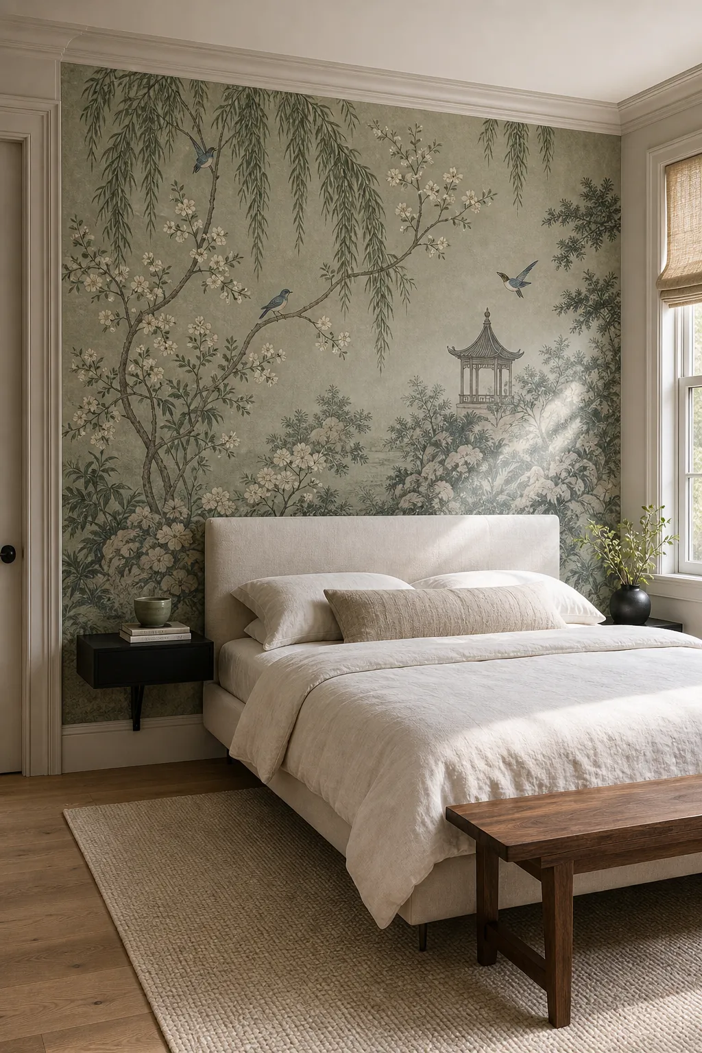 Chinoiserie mural wallpaper with coordinated painted trim and quiet modern furniture