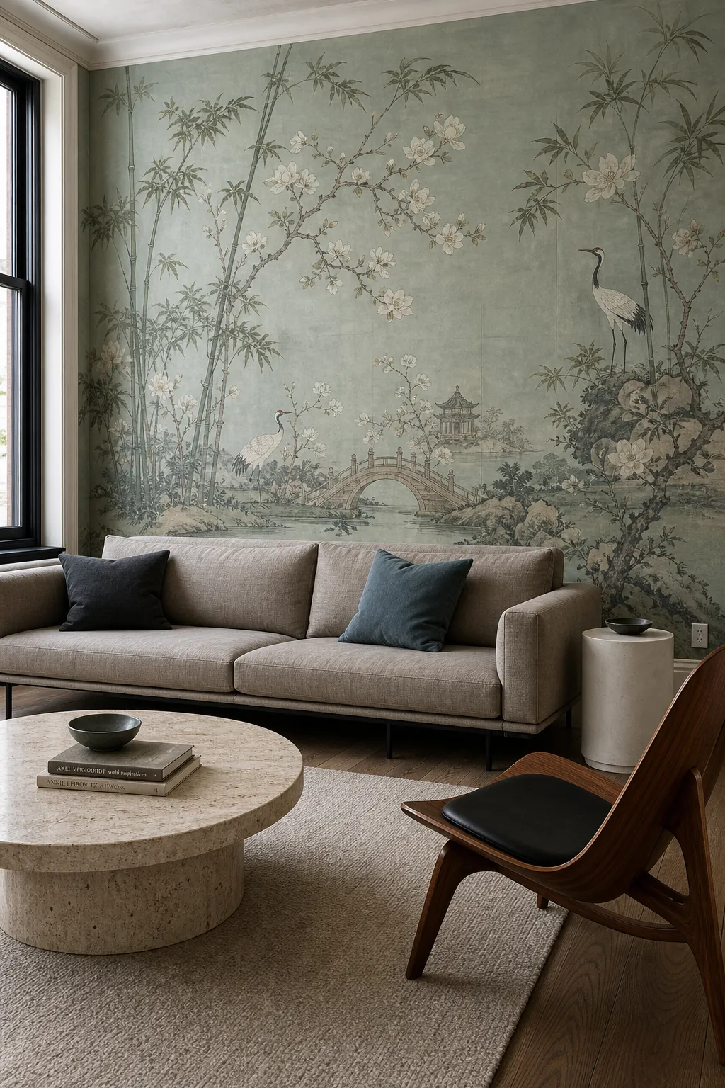 Low modern sofa placed in front of detailed chinoiserie wallpaper without blocking the mural scene