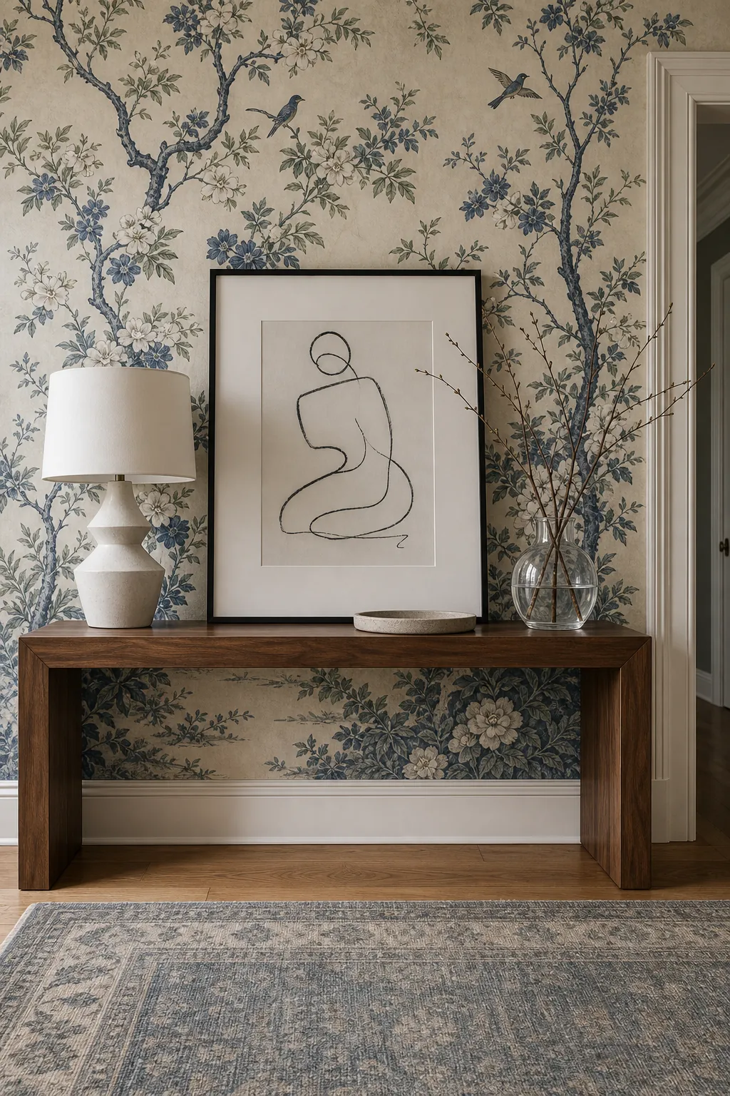 Simple modern art and a muted rug styled with detailed chinoiserie wallpaper