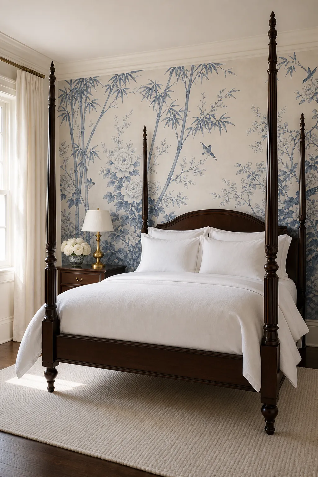 Classic bedroom mural with blue Chinoiserie branches, dark wood bed, and fresh white linens