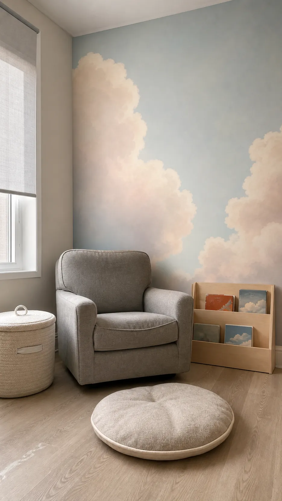Timeless cloud wall mural in a nursery reading corner