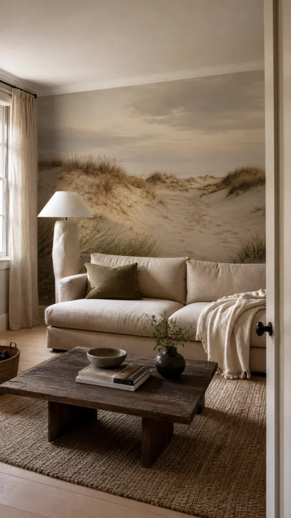 Coastal dune wallpaper mural in a warm neutral living room