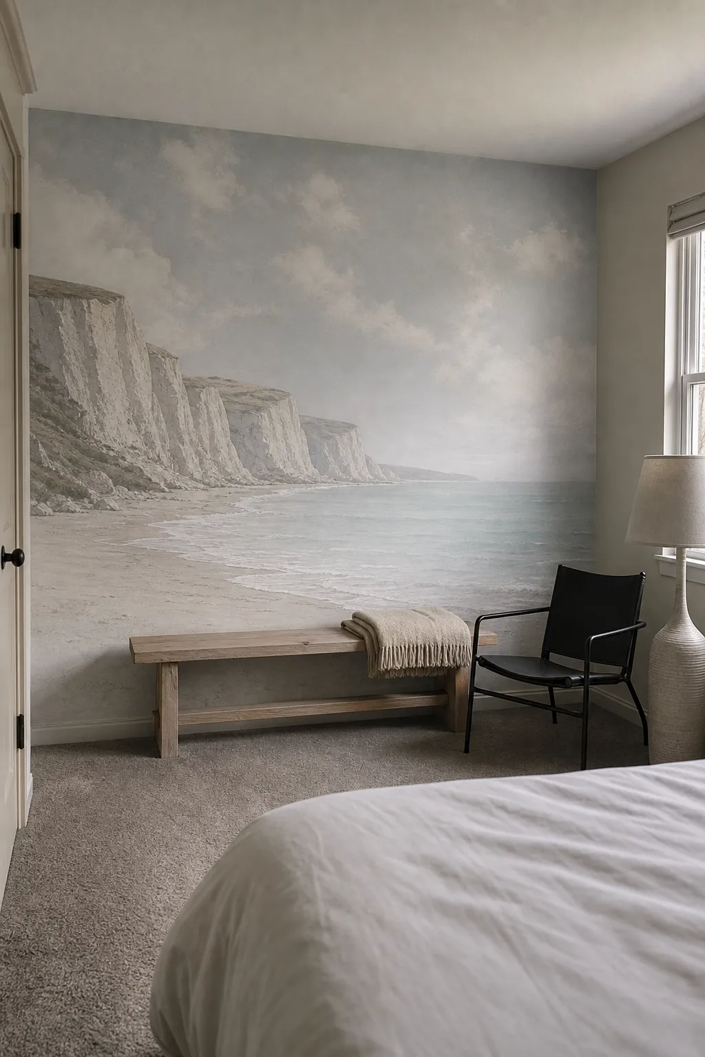 Coastal guest bedroom mural balanced with soft natural window light