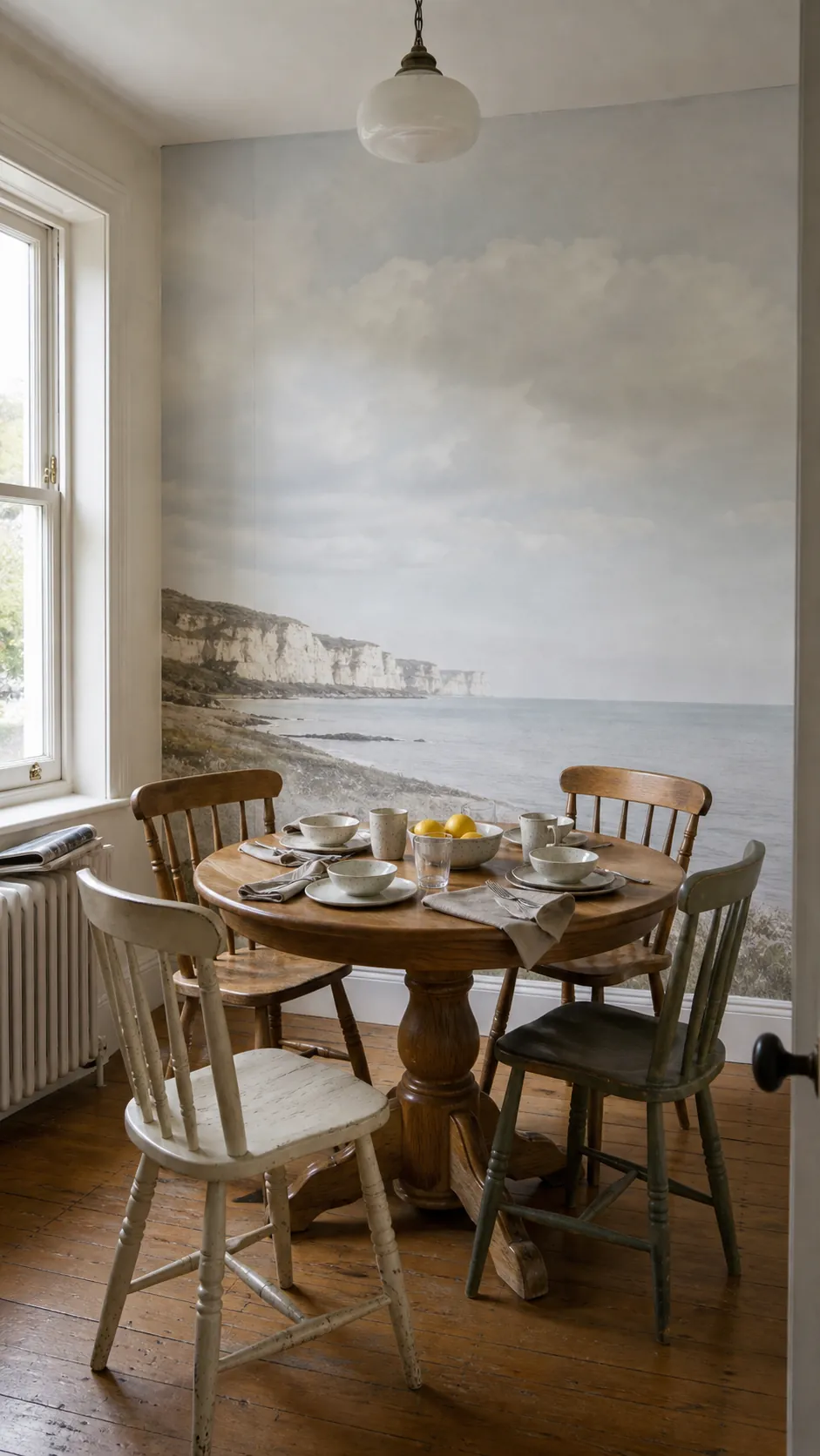 Dining room landscape mural with a calm coastal horizon behind an oak table