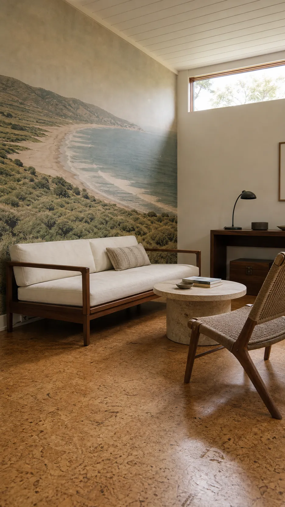 Beach mural decor ideas using low profile furniture and open floor space