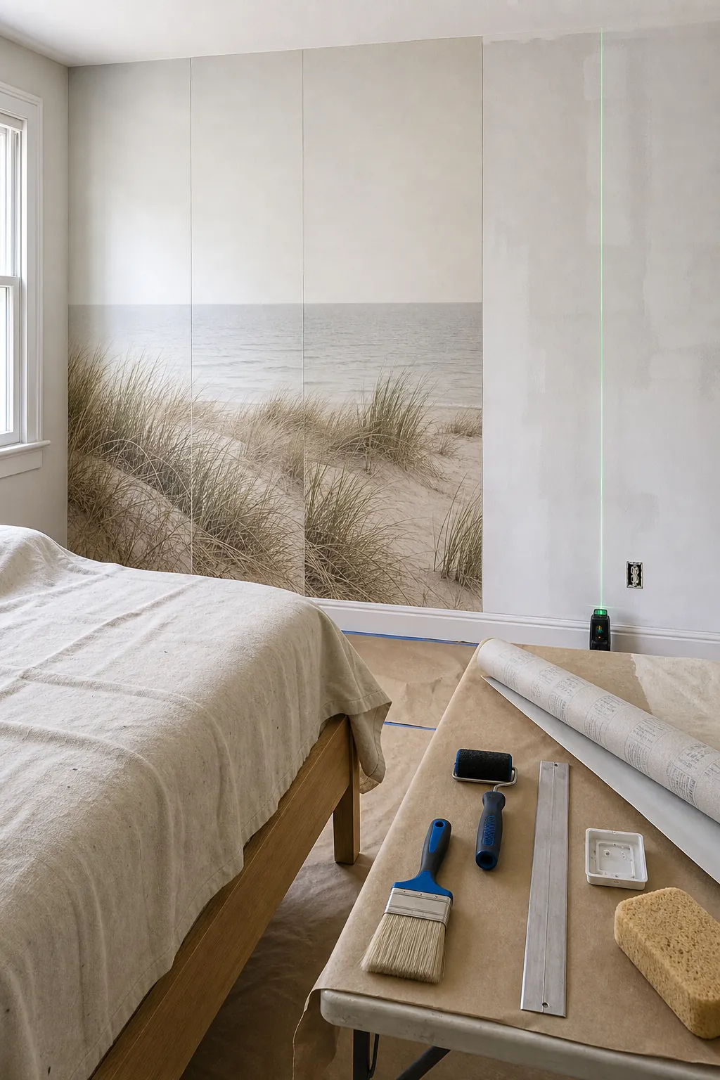 Coastal mural wallpaper panels aligned carefully on a guest bedroom wall