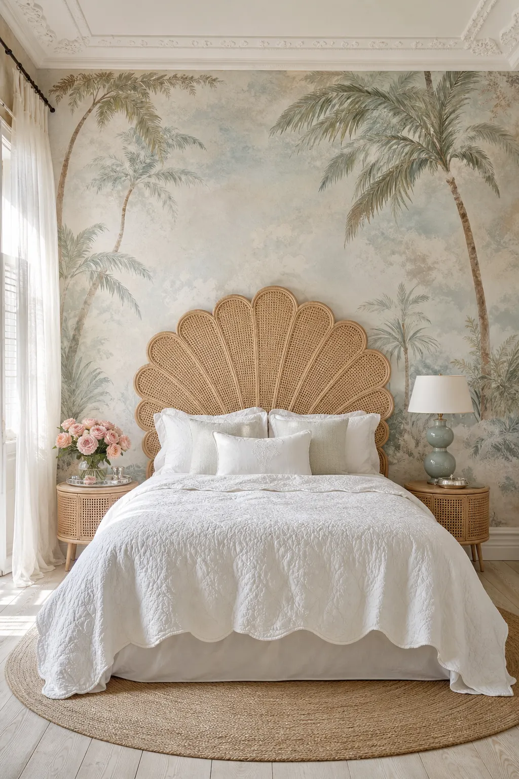 Airy coastal bedroom decorated with light breezy palm wallpaper