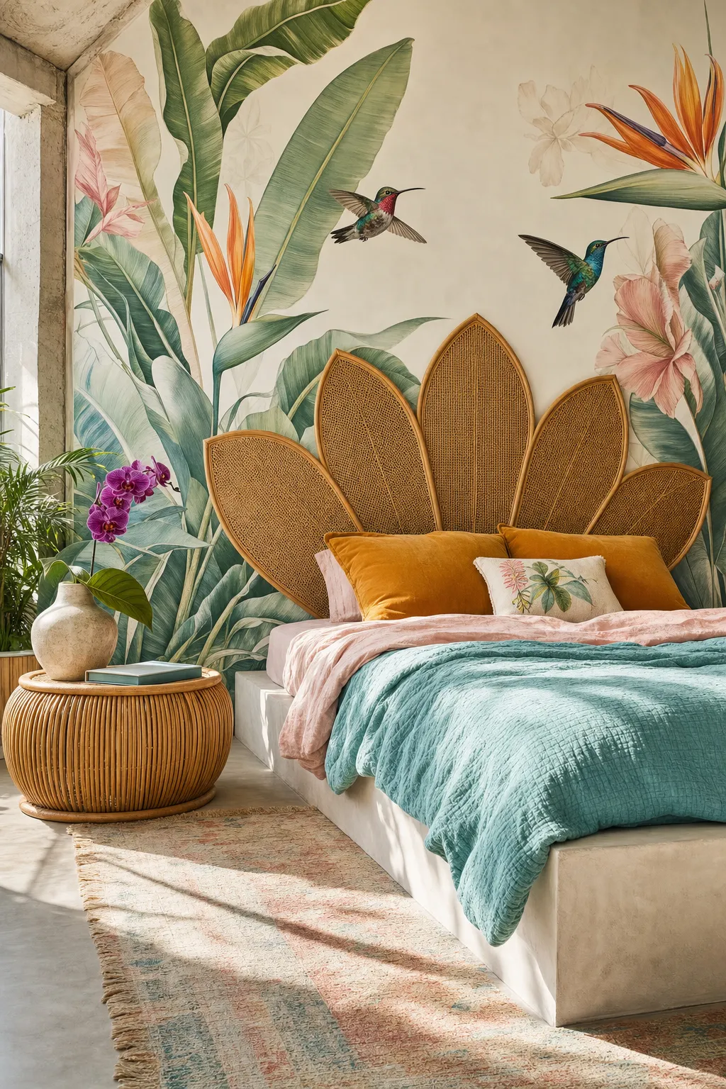 Colorful banana-leaf canopy bedroom styled with saffron bedding