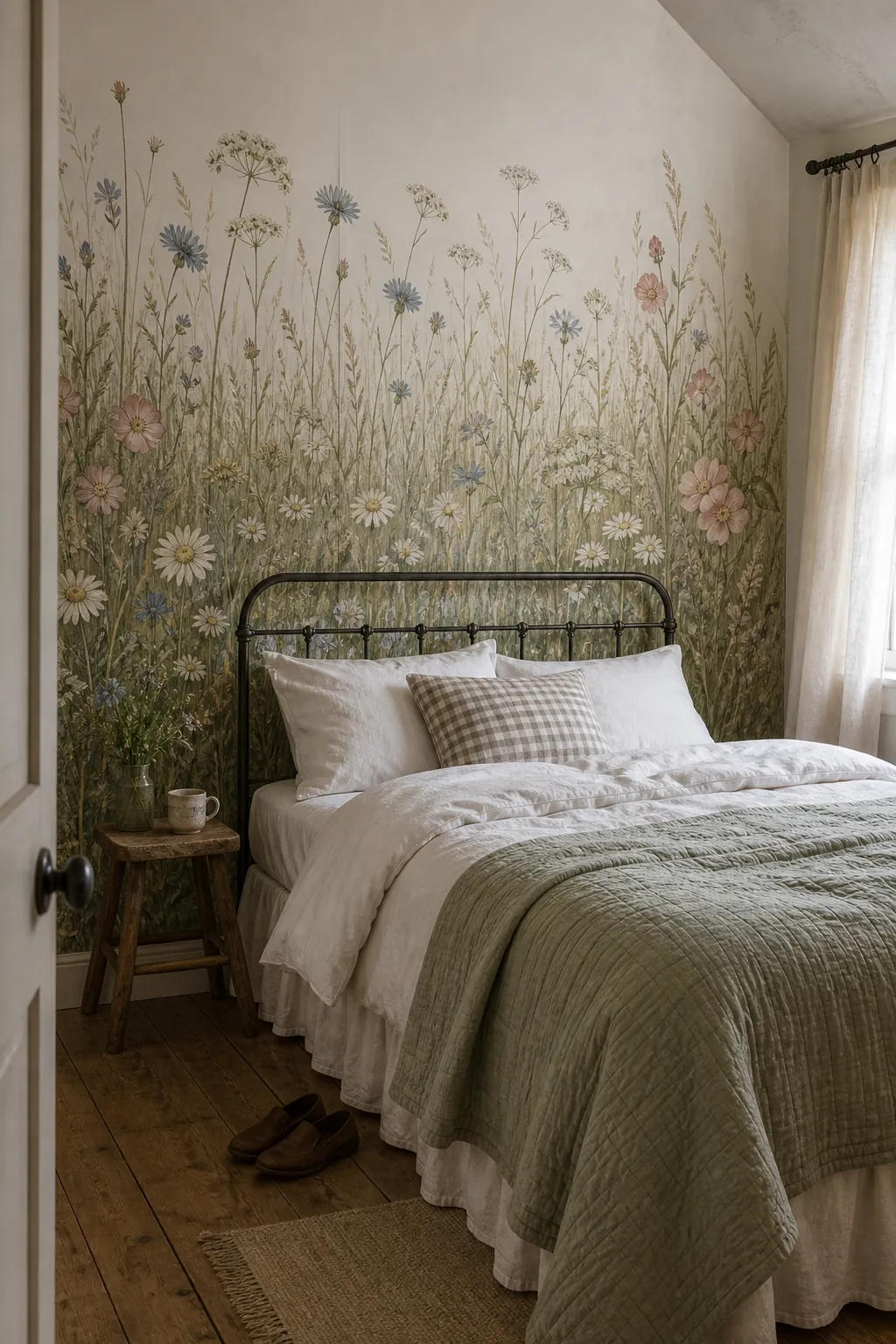 Cottage bedroom mural with wildflower meadow wallpaper and soft morning light