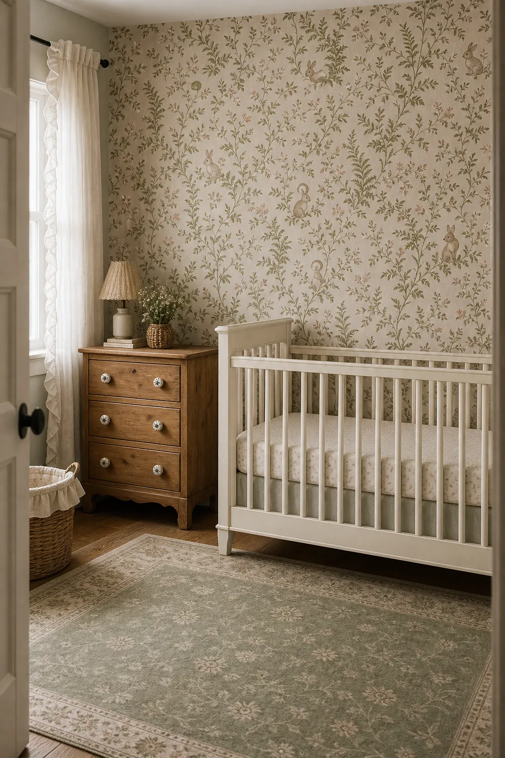 Cottage woodland nursery with floral forest wallpaper and soft nursery furniture