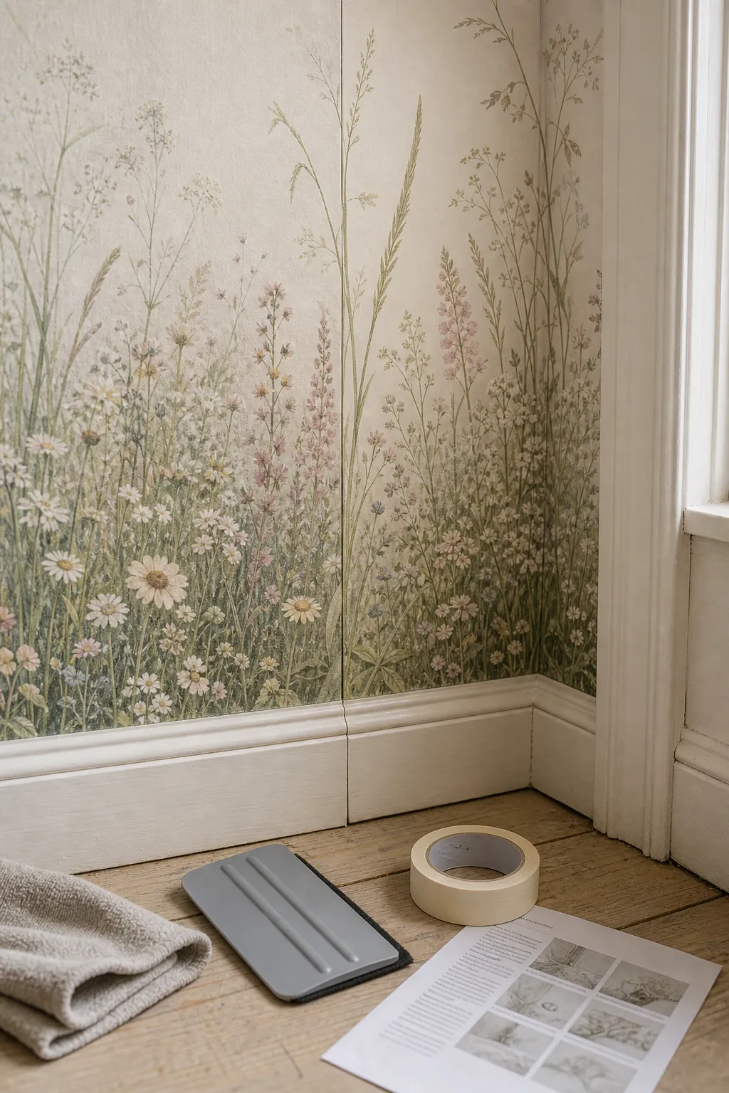 Cottagecore mural wallpaper corner detail with wildflower panel alignment and trim
