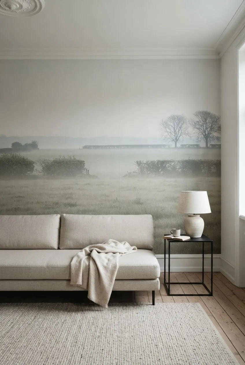 Country landscape wall mural with clean modern seating and calm negative space