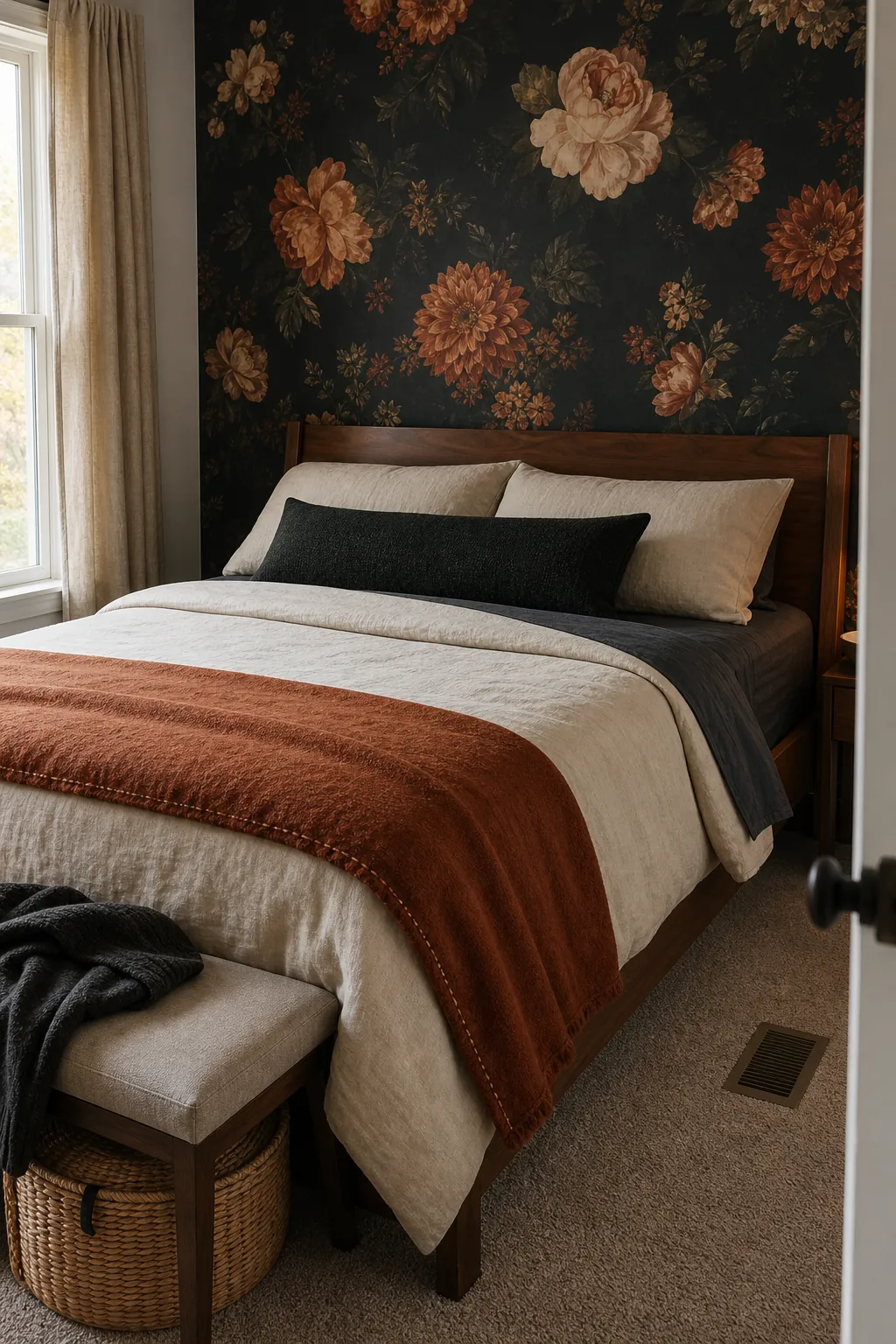 Cozy dark bedroom wallpaper balanced with cream linen rust wool and simple layered bedding