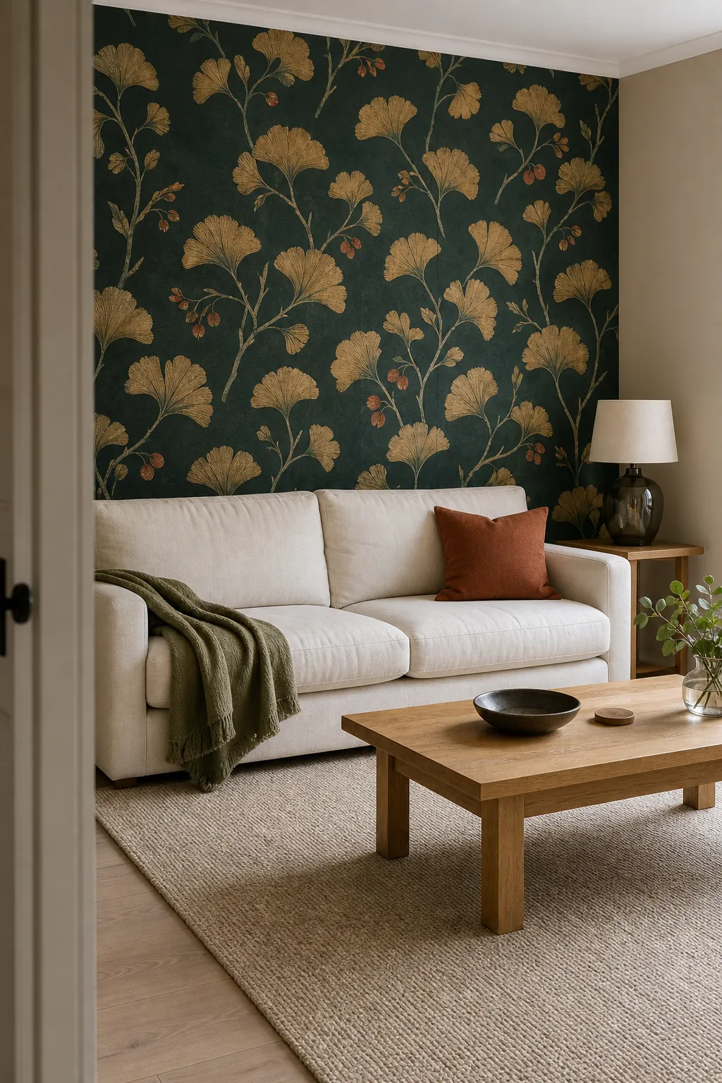 Dark botanical accent wall living room balanced with cream sofa and oak furniture