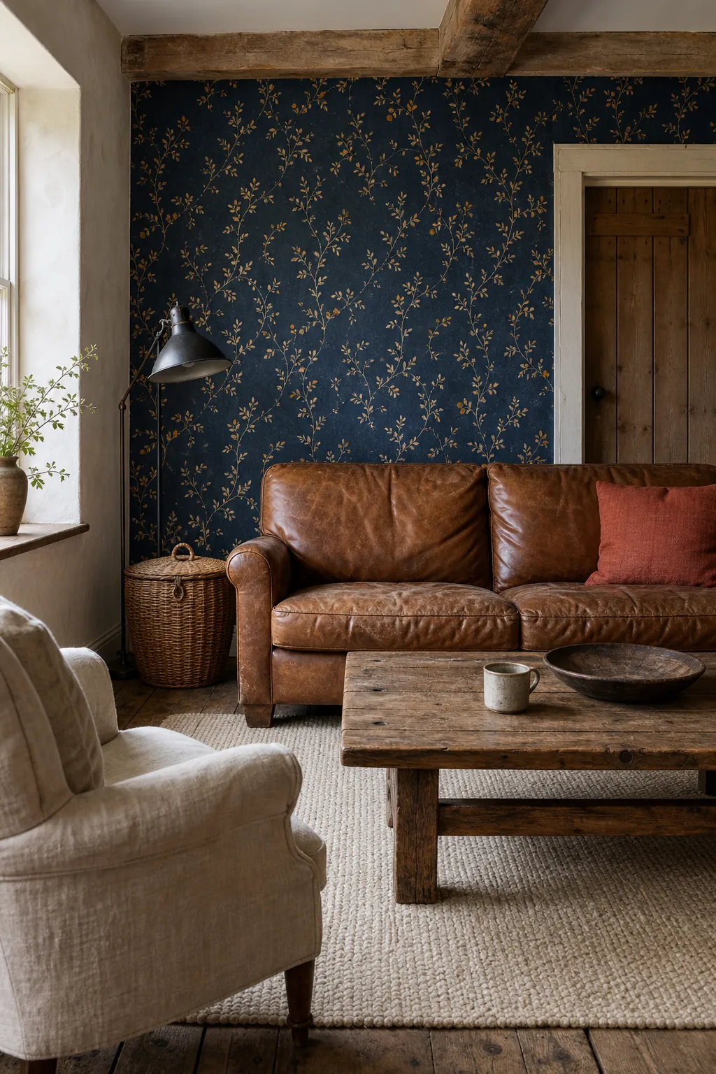 Farmhouse living room with deep indigo block-print wallpaper and aged wood furniture