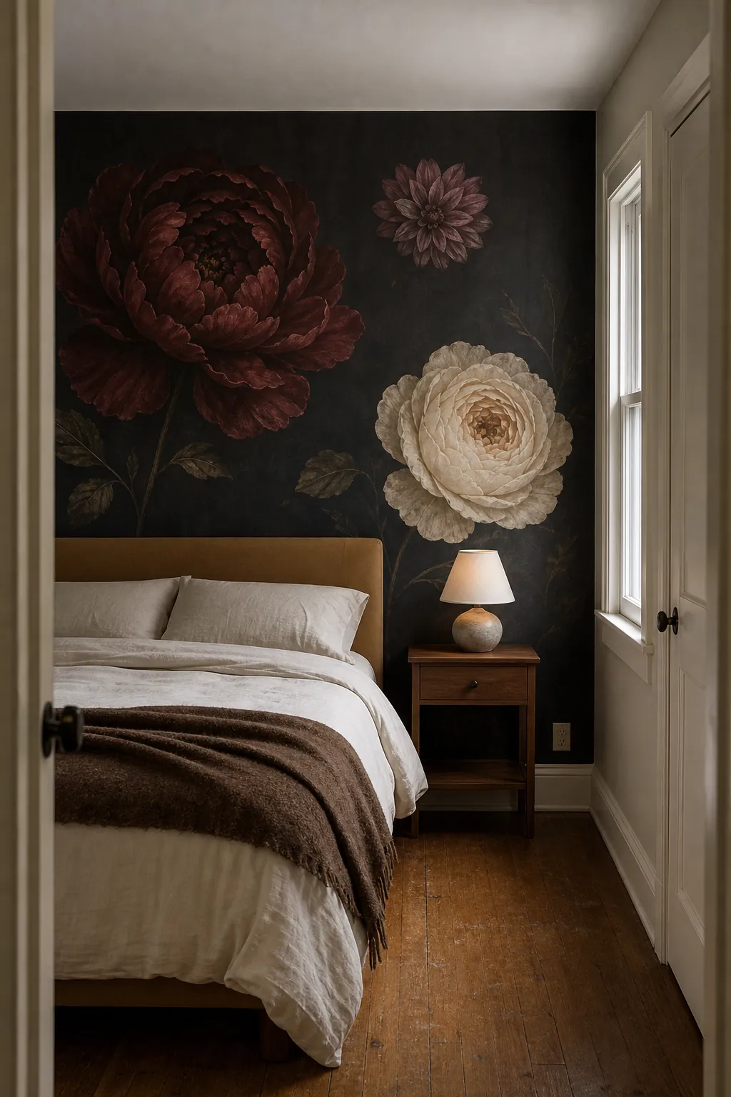 Large-scale dark floral wallpaper mural with spacious burgundy and cream blooms behind a bed