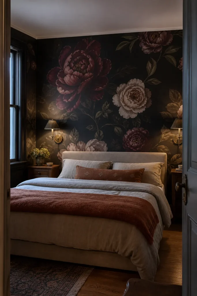 Cozy dramatic bedroom with a dark floral wallpaper mural and warm layered lighting