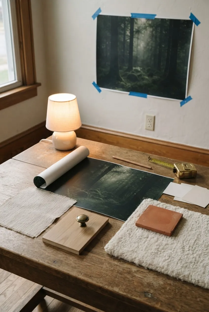 Dark forest wallpaper styling palette with light neutrals, warm wood, brass, and texture samples