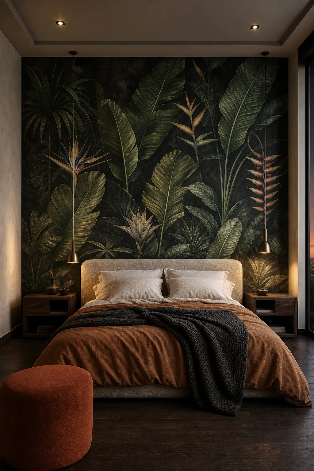 Contemporary bedroom with dark green foliage wallpaper and modern furniture