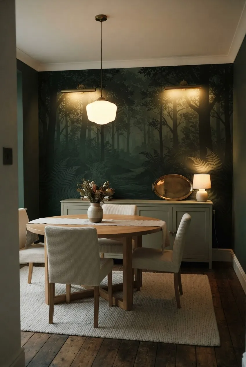 Dark green woodland wall mural styled with layered lighting and reflective accents