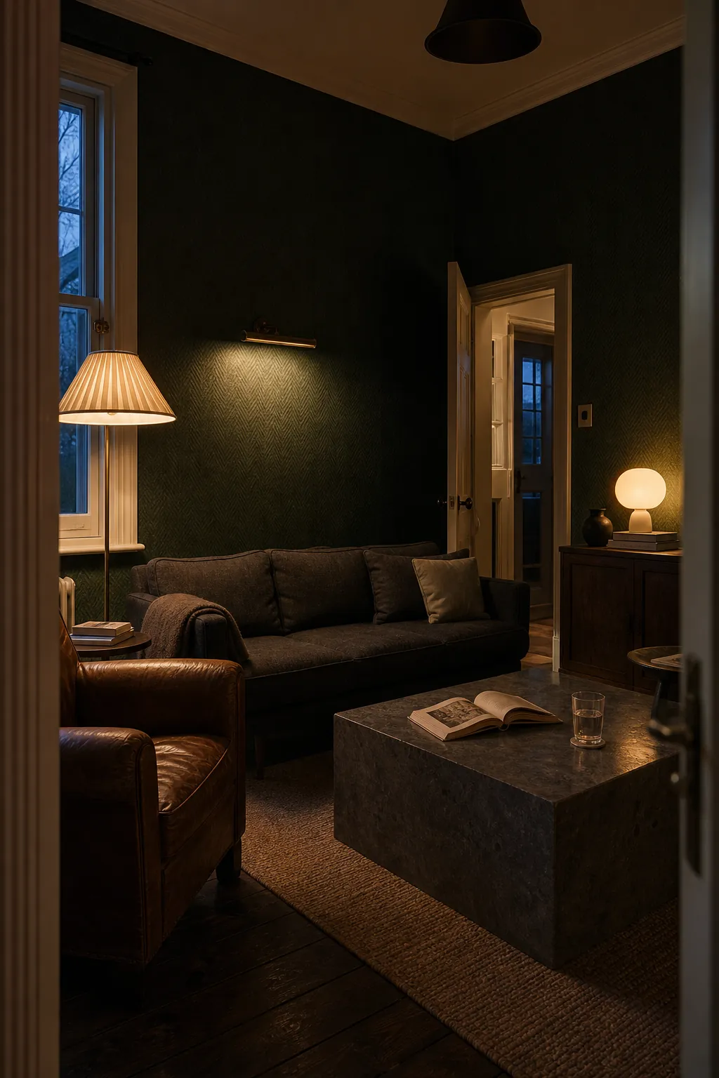 Dark green wallpaper in a moody living room with layered evening lighting