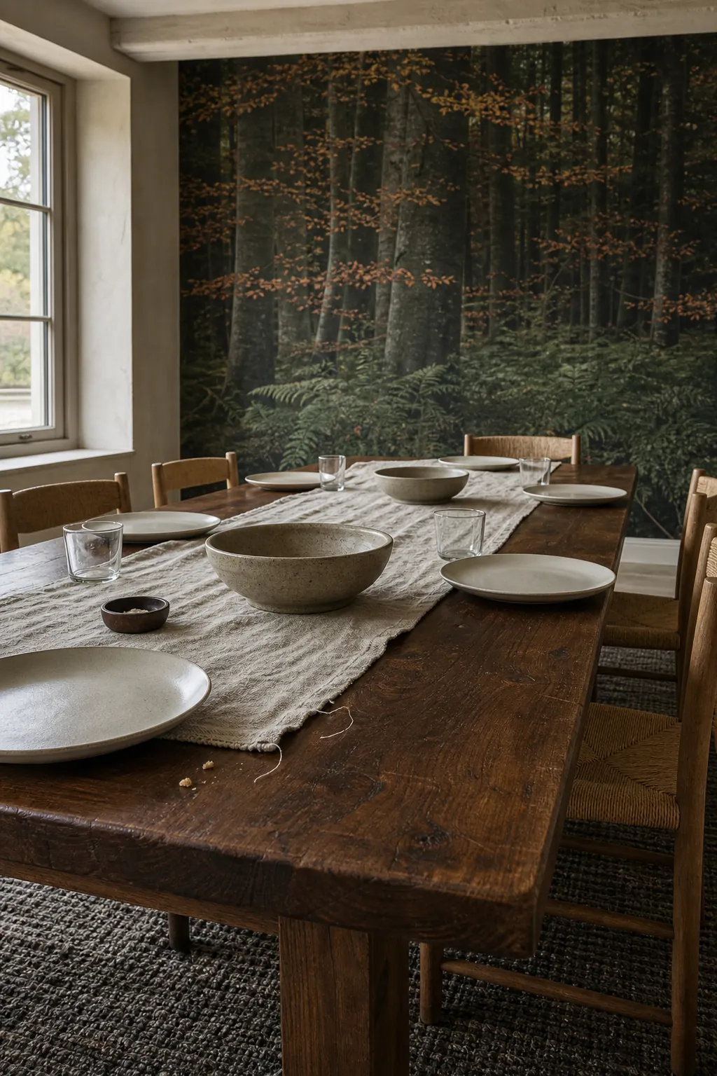 Dark scenic mural balanced by walnut linen ceramic and restrained table styling