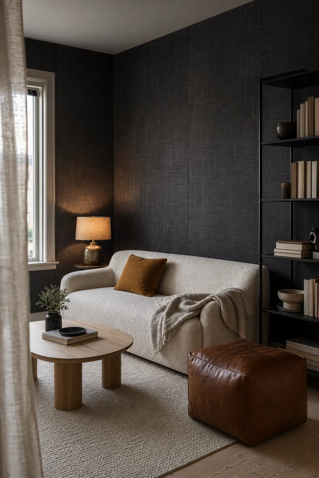 Dark textured wallpaper living room with charcoal linen-effect walls and light upholstery