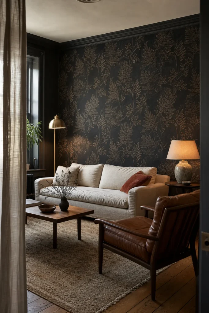 Moody living room with charcoal botanical wallpaper cream sofa and layered lighting