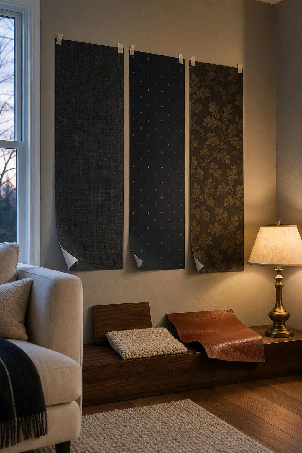 Dark living room wallpaper samples compared beside window light and warm lamp light