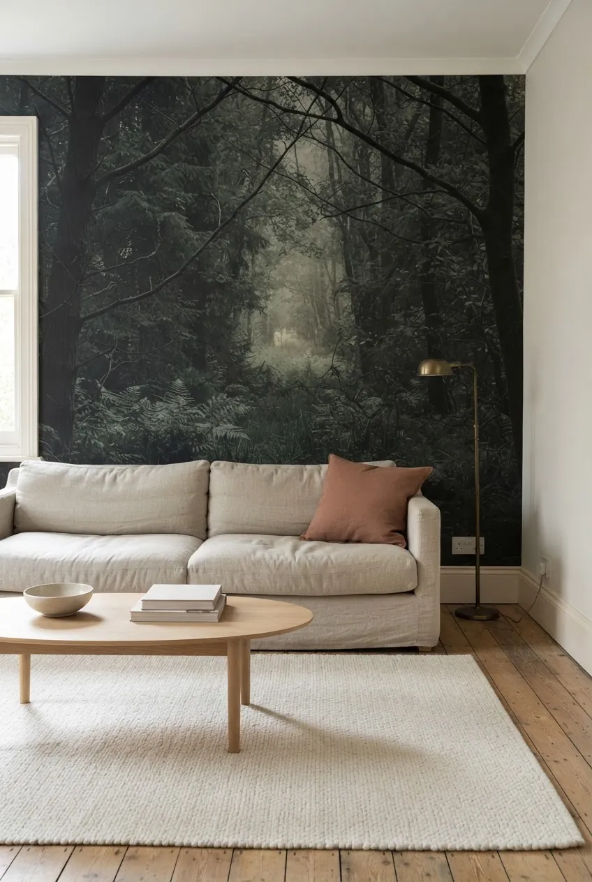 Dark woodland mural wallpaper styled with a light sofa and warm natural textures