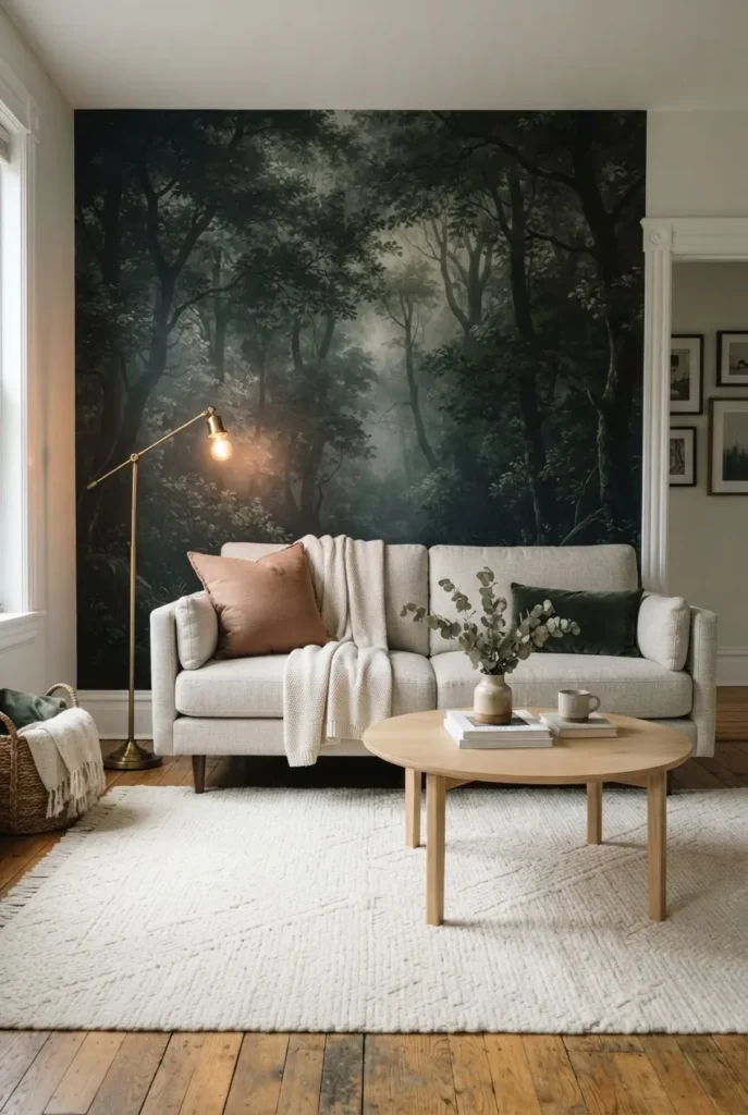 Dark woodland mural wallpaper balanced with light furniture and warm accents