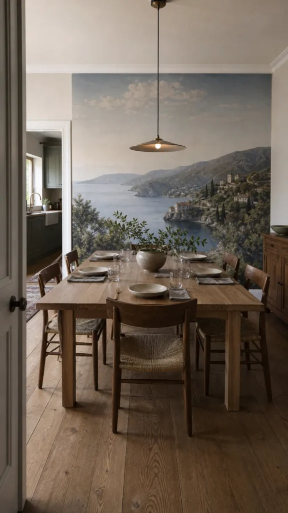 Elegant dining room landscape mural creating a destination-like dinner setting