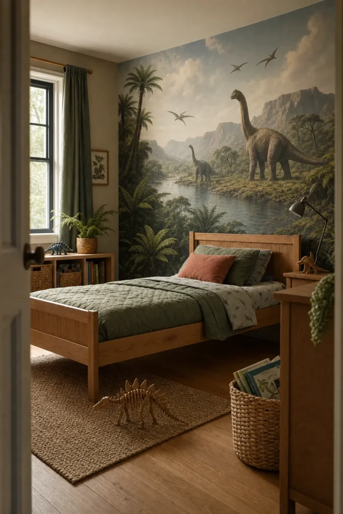 Kids adventure bedroom with a sophisticated dinosaur landscape mural