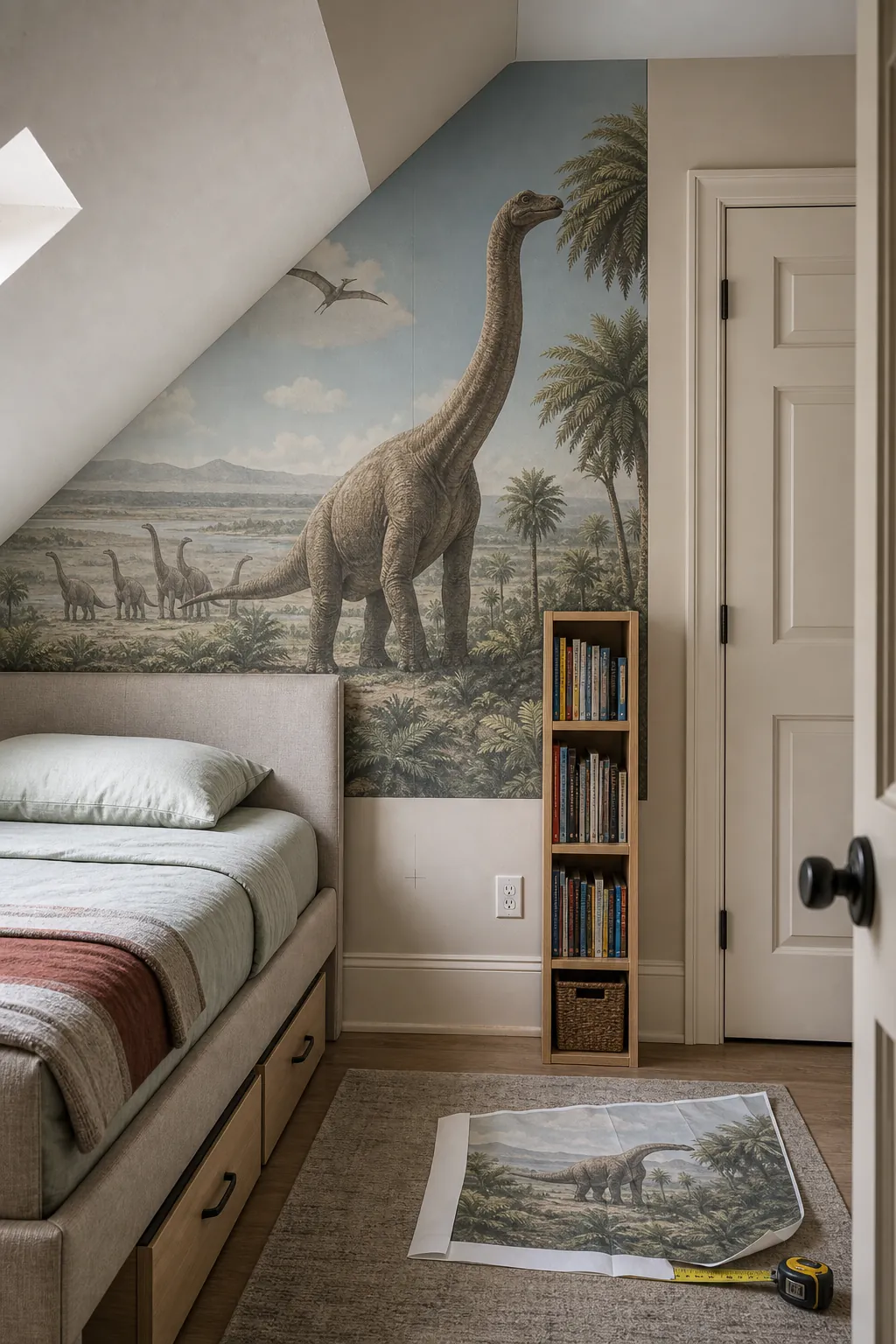 Dinosaur bedroom mural carefully scaled around a bed and storage