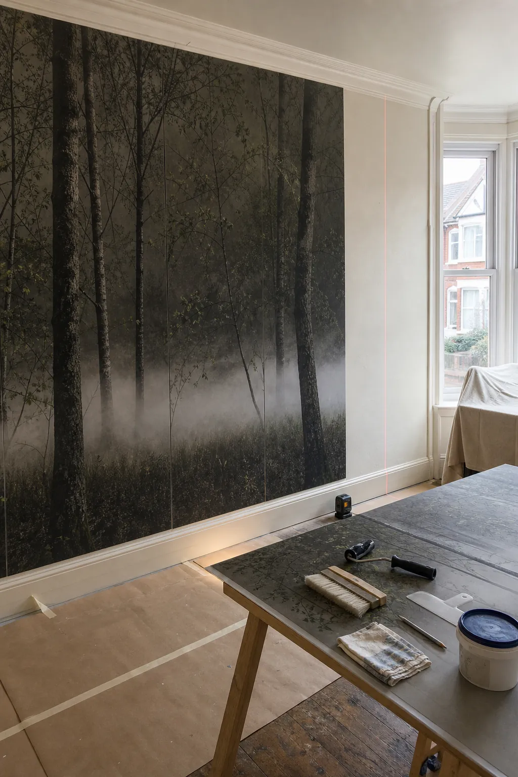 Careful installation of dramatic dining room wallpaper with aligned mist and dark tree panels