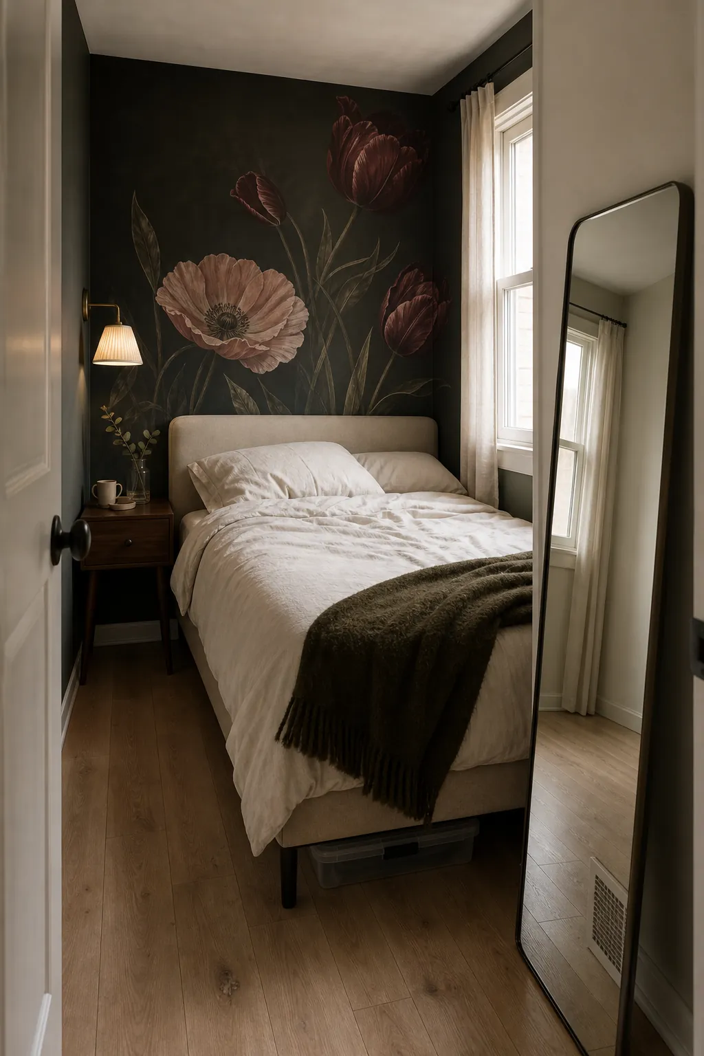 Dramatic floral wall mural in a small bedroom with a low ceiling and carefully controlled warm lighting