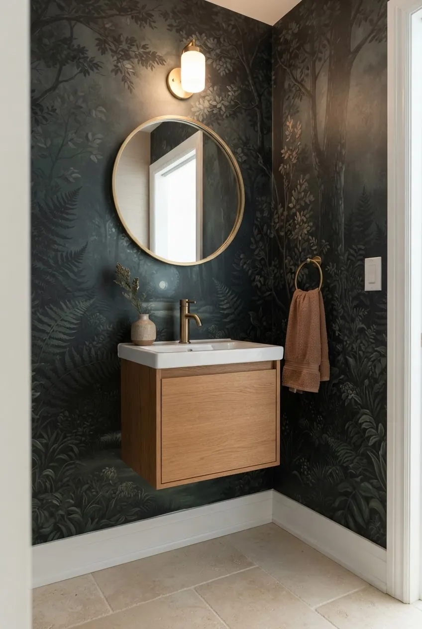 Dramatic nature wallpaper warmed with brass, clay, and clean lighting in a powder room