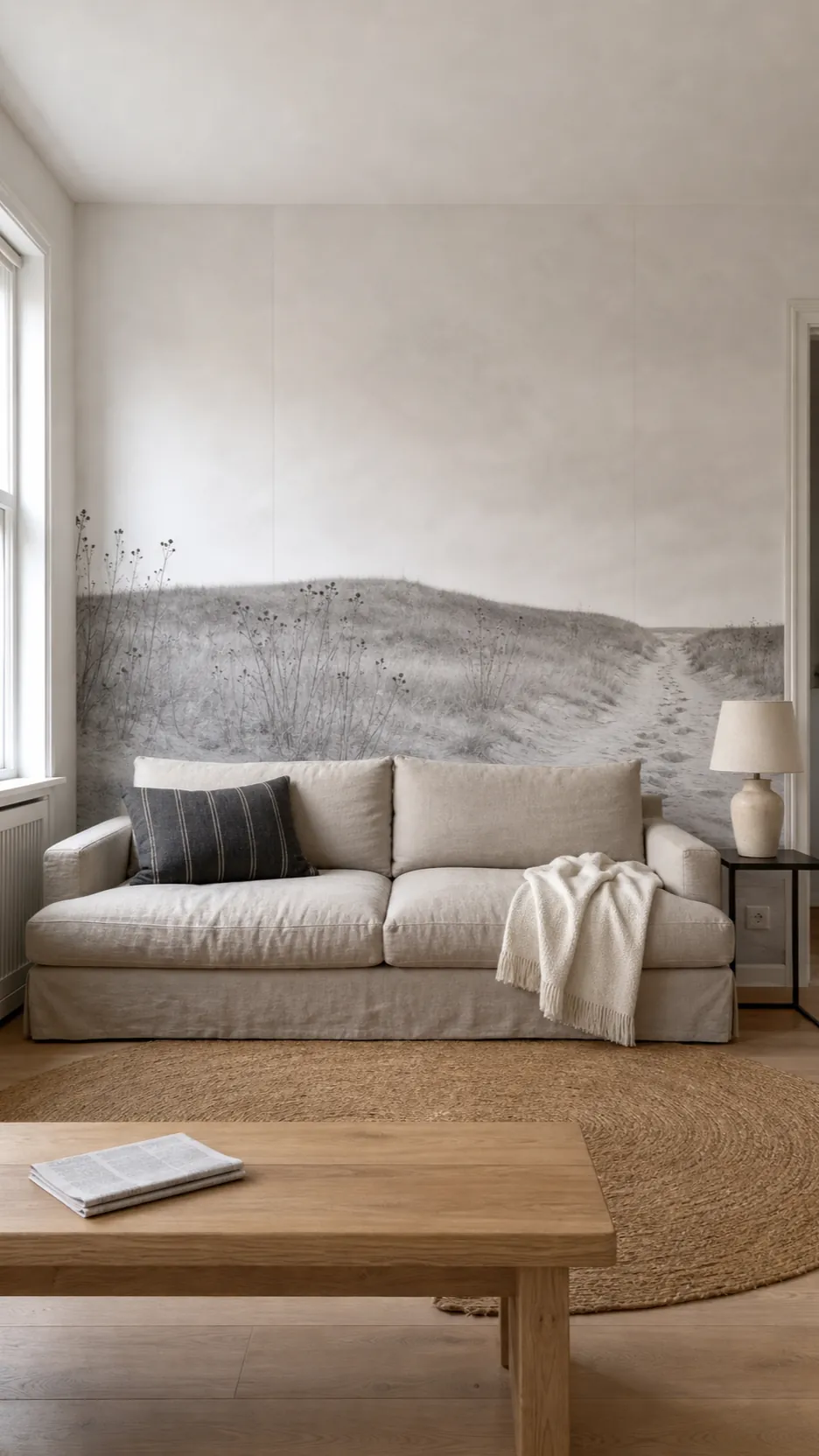 Neutral dune mural with an uninterrupted horizon above a low linen sofa