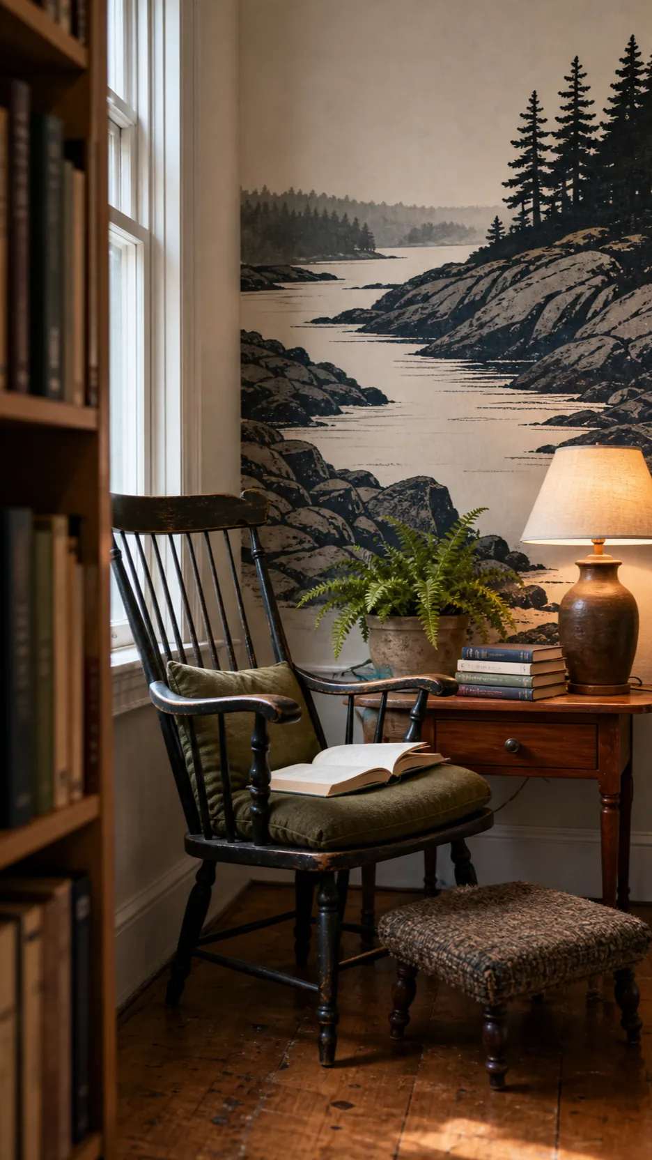 Edited coastal reading corner with beach mural pottery books and no shell clutter