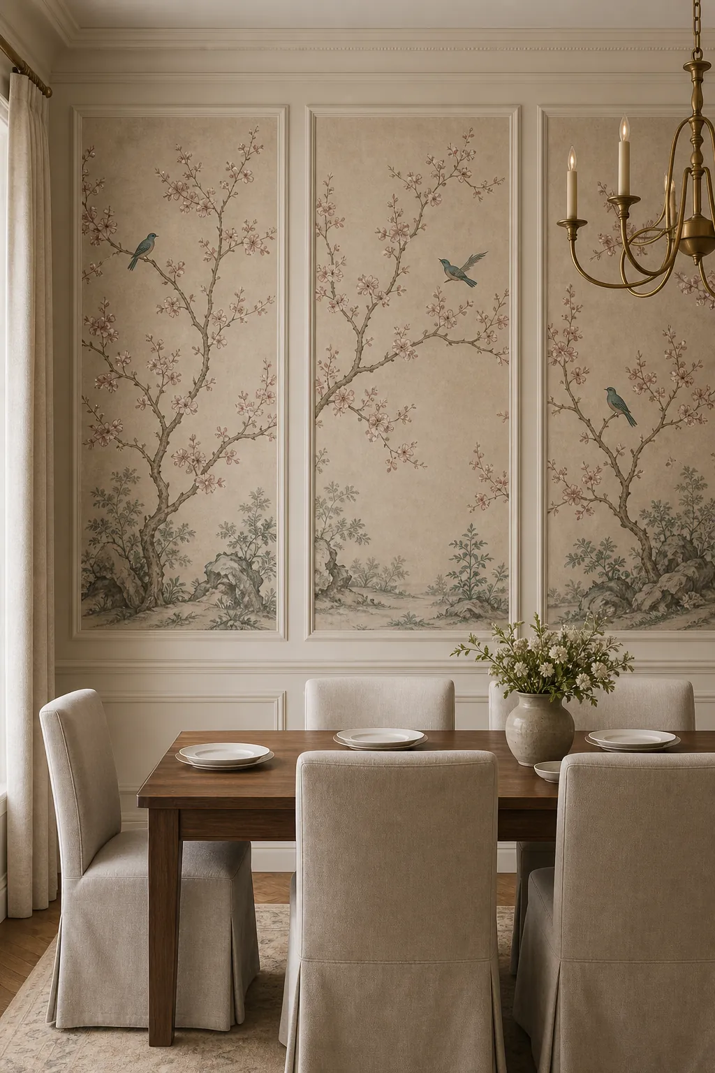 Elegant dining room wallpaper mural set inside panel trim with plum blossoms and small birds