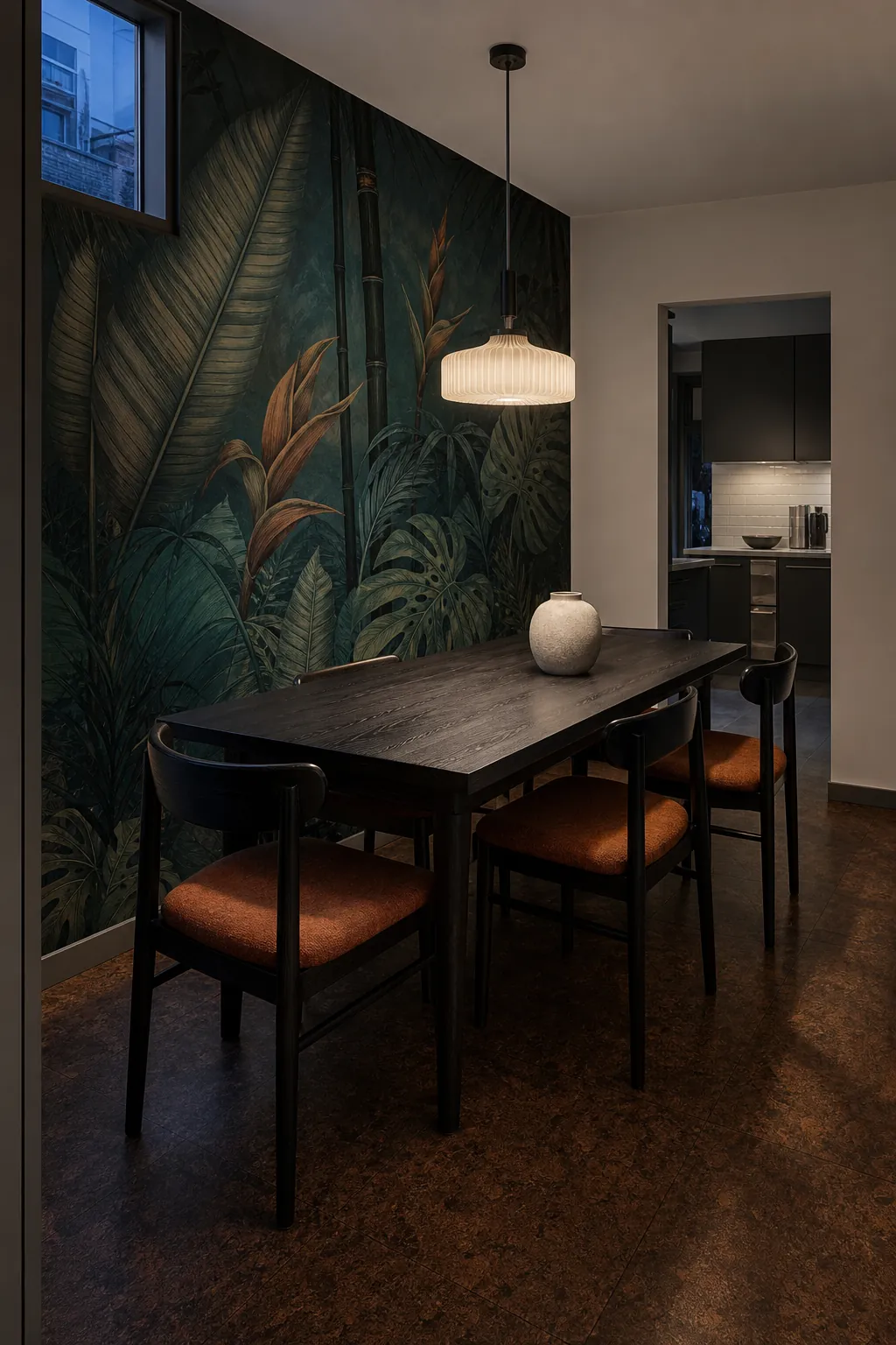 Elegant jungle wallpaper in a controlled blue green and tobacco palette