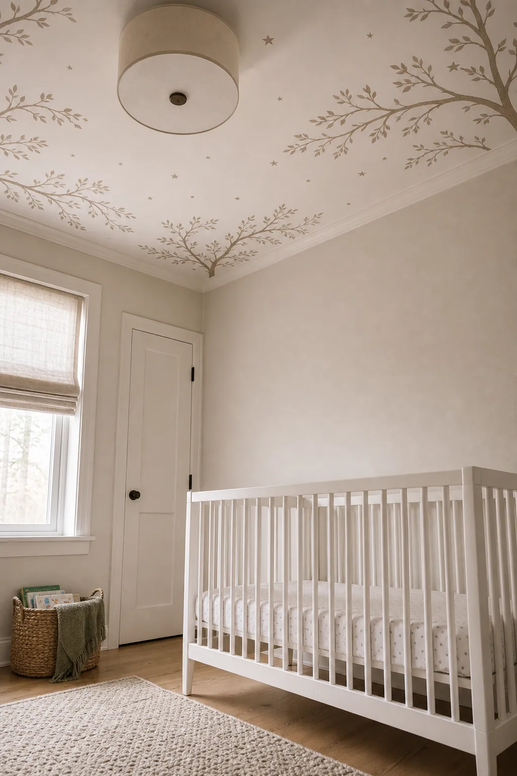 Woodland nursery with subtle ceiling branch detail and safe clear crib wall