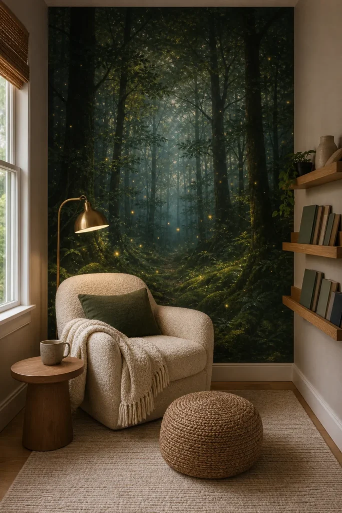 Cozy reading nook with an enchanted forest mural, boucle armchair, oak book ledge, and warm reading lamp.