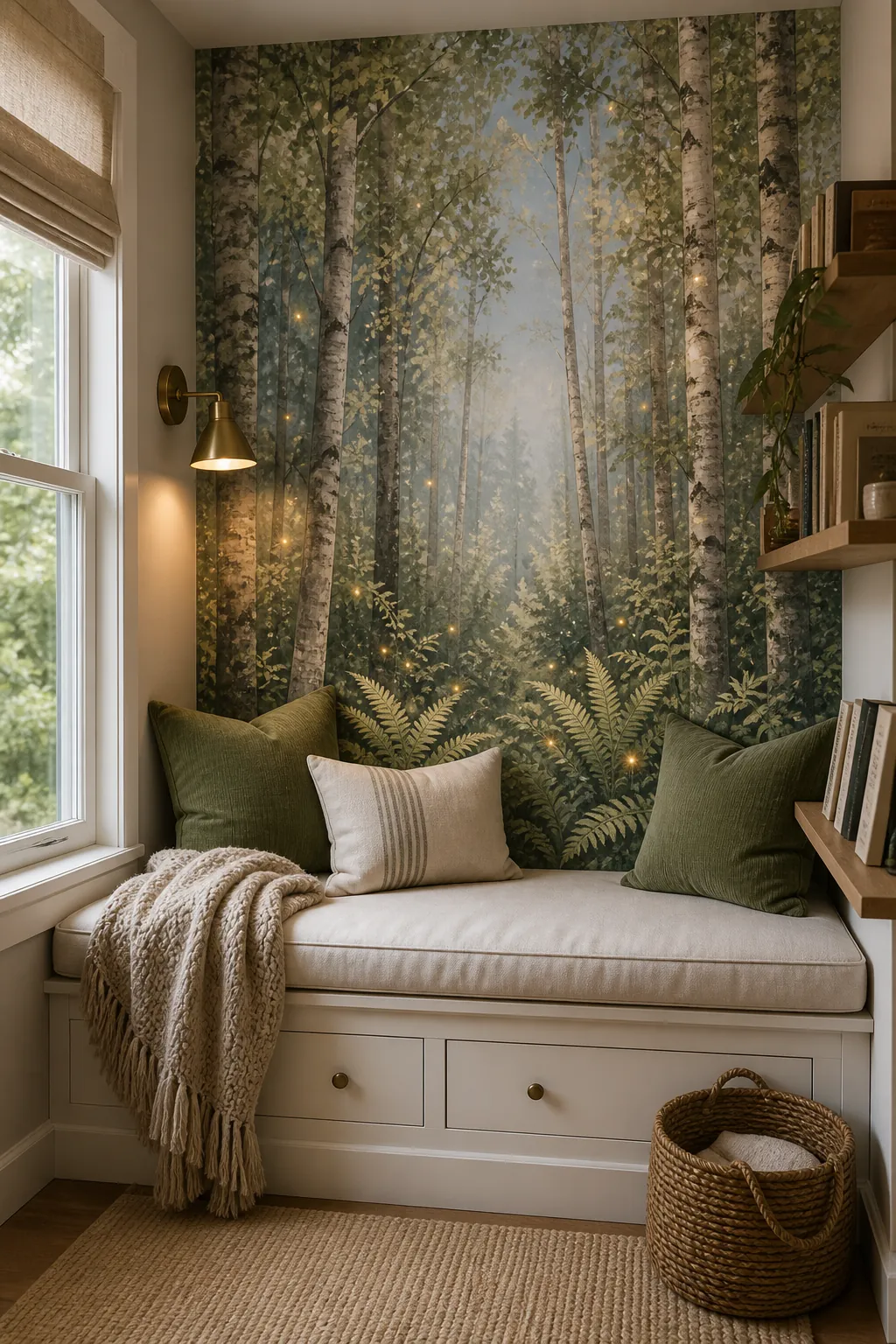 Window-seat reading nook with an airy enchanted forest mural, cream cushion, moss pillows, and oak book ledge.
