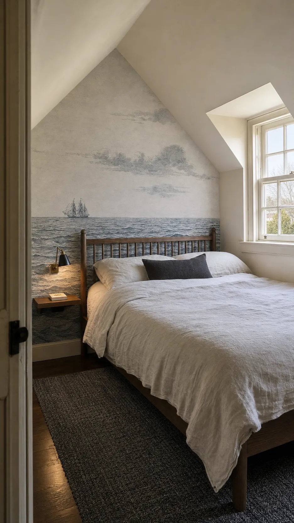 Cottage bedroom styled with a low-contrast engraved ocean wall mural